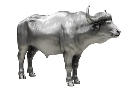 Shiny Metallic Silver Bull Sculpture With Detailed Texture And Lifelike Standing Posture 3d model