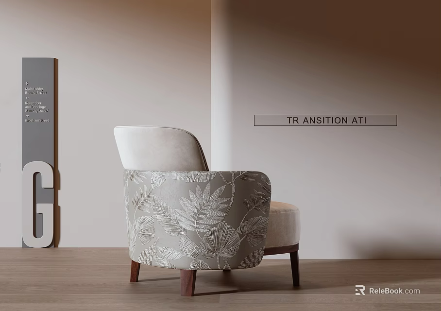 Beige Leaf Pattern Upholstered Accent Chair With Wooden Legs Modern Design 3d model 