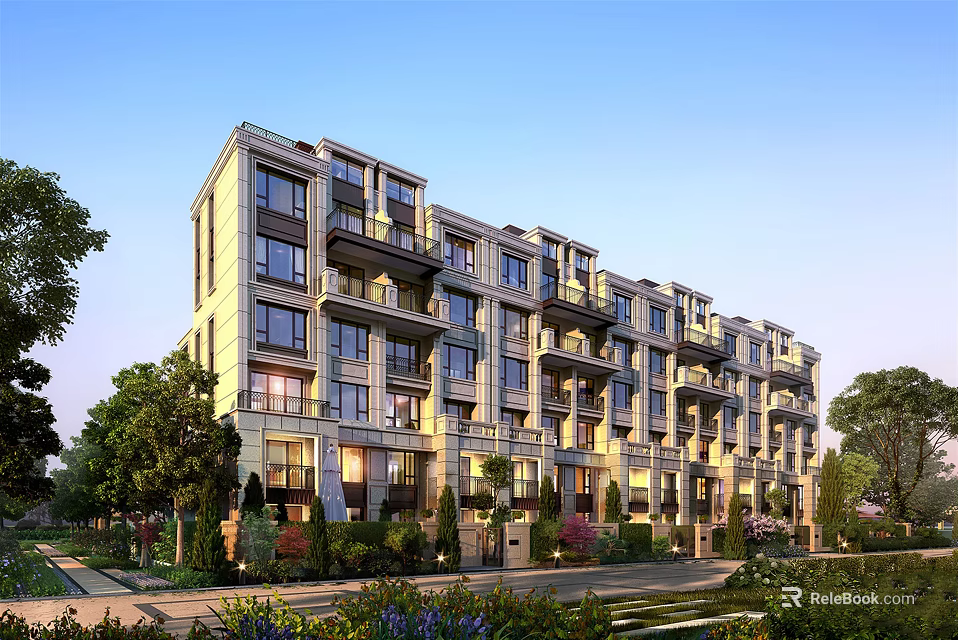 Elegant Modern Residential Building Exterior With Balconies Large Windows And Green Landscaping 3d model 