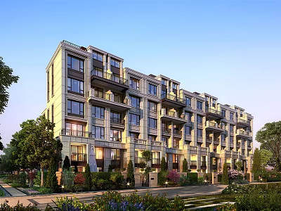 Elegant Modern Residential Building Exterior With Balconies Large Windows And Green Landscaping 3d model