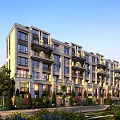 Elegant Modern Residential Building Exterior With Balconies Large Windows And Green Landscaping