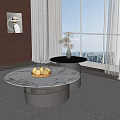 Modern Marble Coffee Table With Fruit Tray Vase And City View Through Window 3d model