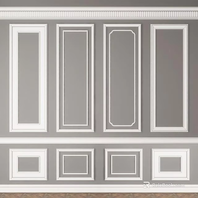 Different Designs of Wall Paneling with White Trim and Gray Background for Home Interior 3d model 