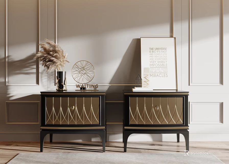 Modern Black and Gold Bedside Tables with Vase Pampas Grass Artwork in Elegant Bedroom Setting 3d model 