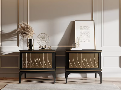 Modern Black and Gold Bedside Tables with Vase Pampas Grass Artwork in Elegant Bedroom Setting 3d model