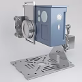 Stainless Steel Industrial Equipment With Blue Enclosure Silver Mechanical Components And Perforated Base Plate