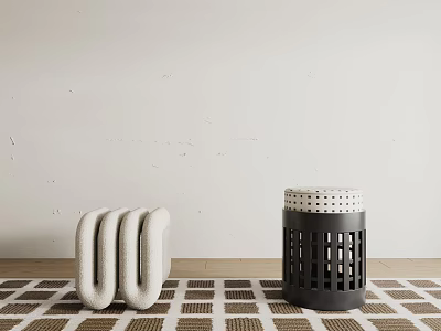 Modern Curved White And Perforated Black Stools With White Dotted Seat On Checkered Carpet 3d model