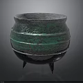 Iridescent Ceramic Pot With Green Silver Glaze Three Legs And Textured Surface