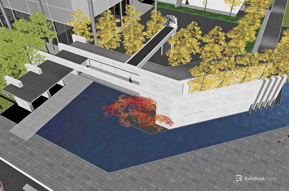 Scenic Feature Wall Design With Water Pool And Autumn Trees In Modern Landscape 3d model 