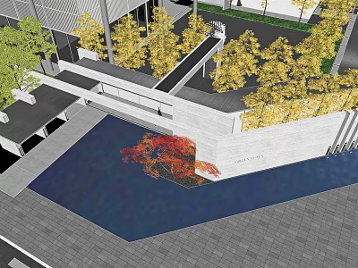 Scenic Feature Wall Design With Water Pool And Autumn Trees In Modern Landscape 3d model
