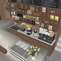 Cafe Interior Featuring Counter Coffee Machine Shelves With Coffee Products And Flowers