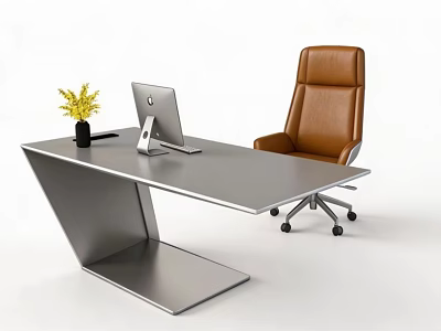 Modern Silver Office Desk Setup With Laptop Black Mug Yellow Plant And Brown Leather Chair 3d model