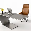Modern Silver Office Desk Setup With Laptop Black Mug Yellow Plant And Brown Leather Chair