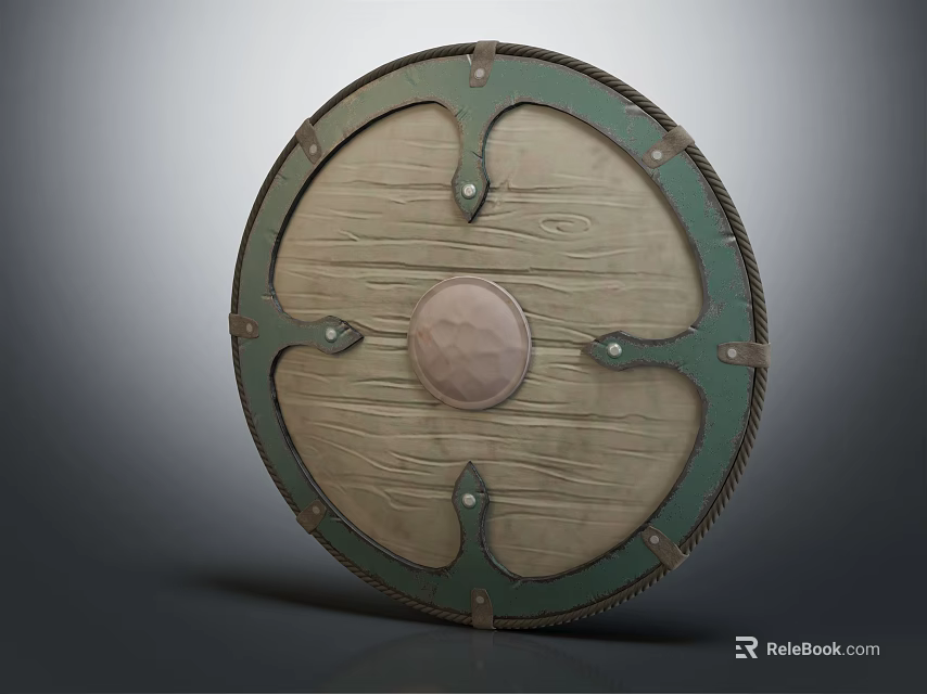 Traditional Round Shield as Historical Weapon with Wooden Body Green Rim and Copper Rivets 3d model 