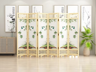 New Chinese Original Wood Grain Screen Solid Wood Folding Partition Screen 3d model