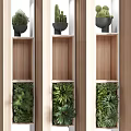 Wooden Room Divider With Shelves And Potted Green Plants For Interior Design