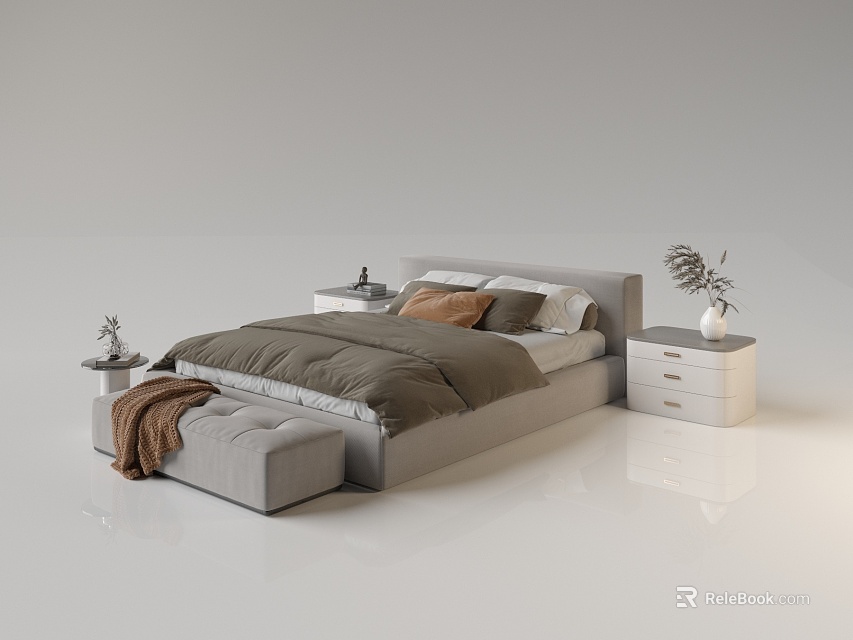 Modern Luxury Double Bed with Gray Headboard Brown Bedding White Nightstands Ottoman Vase and Decorations 3d model 