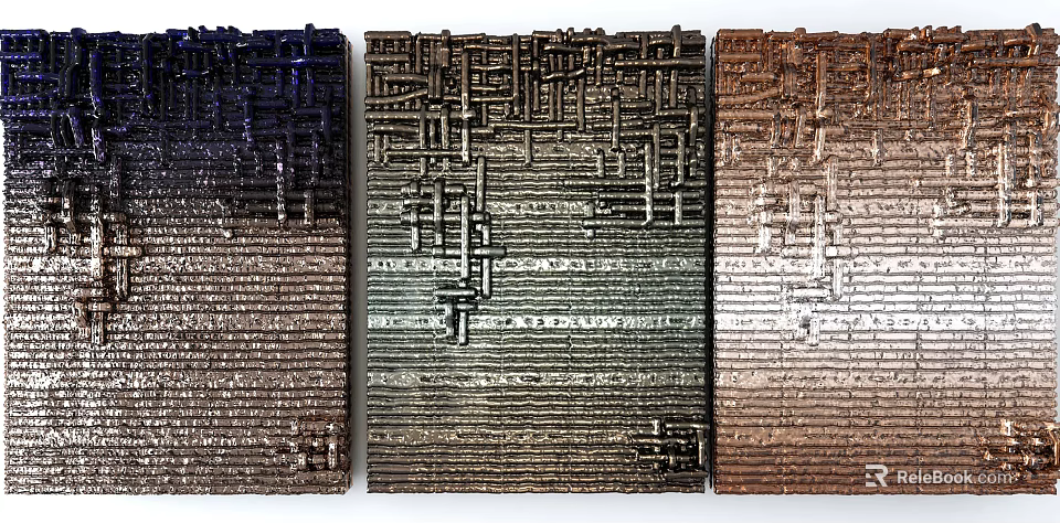 Modern Three Panel Geometric Textured Wall Decor with Blue Bronze Brown Metallic Finish 3d model 