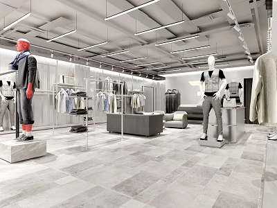 Modern Clothing Store Interior With Mannequins Clothing Displays Tile Floor And Lighting 3d model
