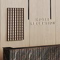 Hotel Reception Desk With Wooden Panels Dark Wood Top Lighted Base And Decorative Grid