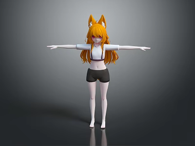 Anime Game Character With Orange Fox Ears Long Hair White Top Black Shorts Arms Outstretched 3d model