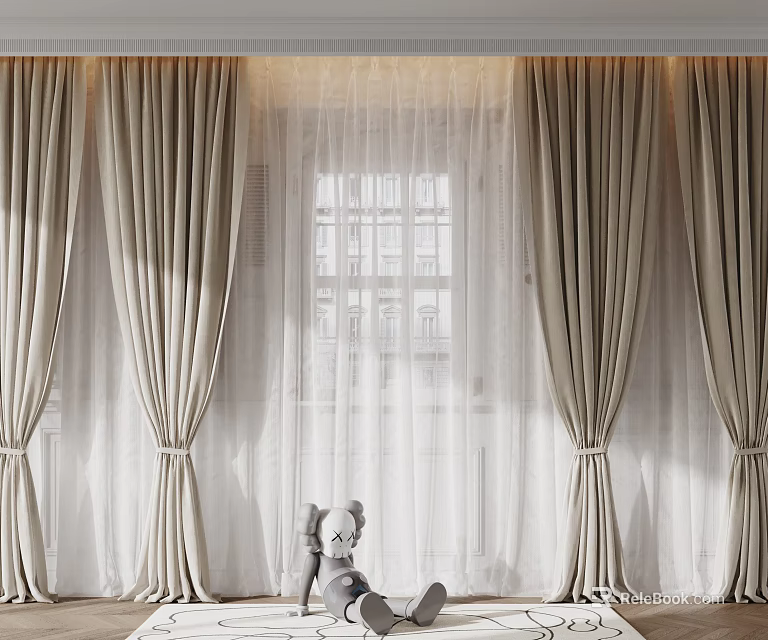 Elegant Beige Curtains With Sheer Panels And Natural Light By Window 3d model 