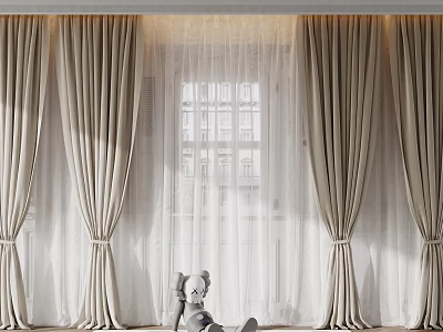 Elegant Beige Curtains With Sheer Panels And Natural Light By Window 3d model