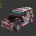 Custom Black And White Police Car With Neon Colored Wheels And Blue Roof Lights