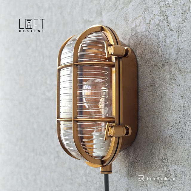 Brass Industrial Wall Sconce with Metal Cage and Glass Shade on Textured Wall 3d model 