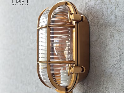 Brass Industrial Wall Sconce with Metal Cage and Glass Shade on Textured Wall 3d model