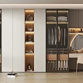 Modern Wardrobe Interior Design With Glass Doors Hanging Area And Dressing Table Lighting 3d model