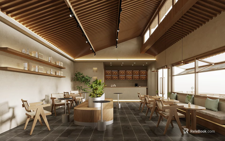 Cafe Interior With Wooden Ceiling Tables Chairs Central Potted Plant Wall Shelves And Natural Light 3d model 