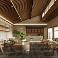 Cafe Interior With Wooden Ceiling Tables Chairs Central Potted Plant Wall Shelves And Natural Light