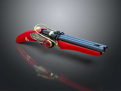 Vintage Revolver With Red Grip Gold Accents And Black Barrel Design 3d model