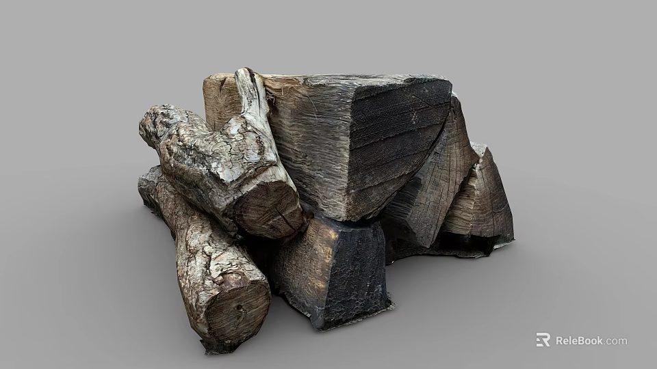 Natural Wood Logs And Stone Blocks With Raw Textured Surfaces Stacked Together 3d model 