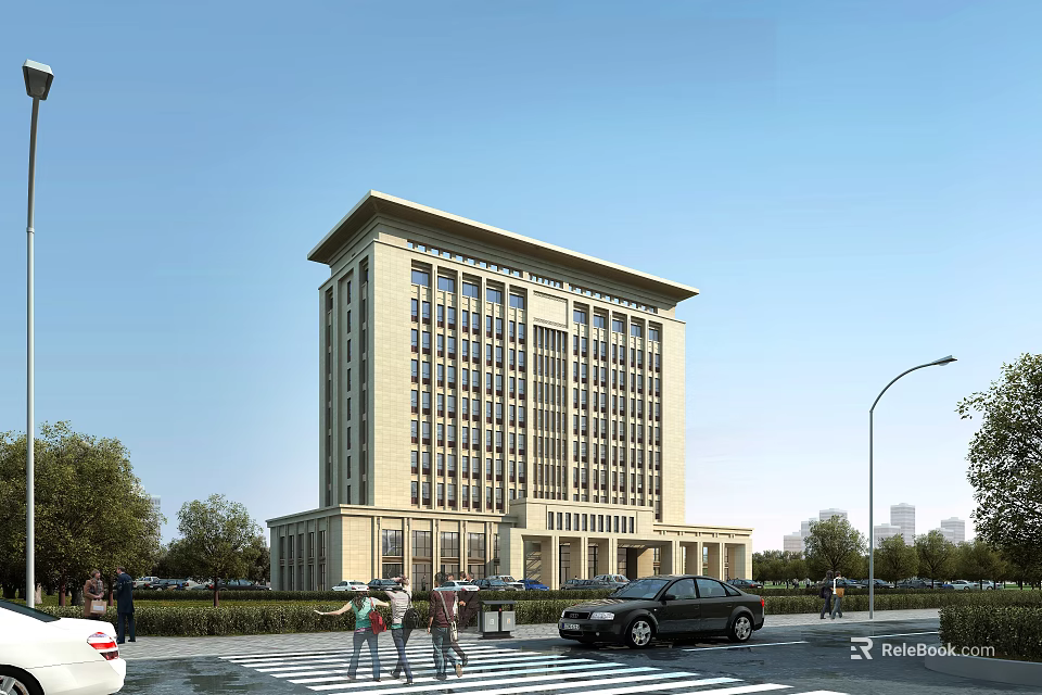 Modern Light Colored Office Building with Pedestrians Cars and Green Trees Under Clear Sky 3d model 