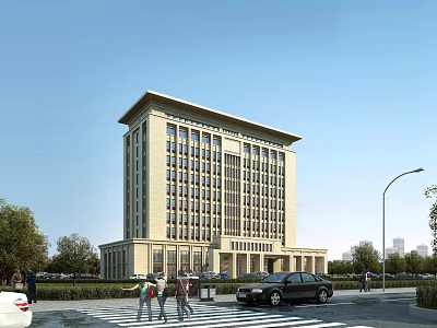 Modern Light Colored Office Building with Pedestrians Cars and Green Trees Under Clear Sky 3d model