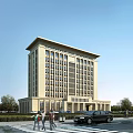 Modern Light Colored Office Building with Pedestrians Cars and Green Trees Under Clear Sky