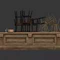 Rustic Wooden Table Display With Assorted Chairs Basket And Small Dish