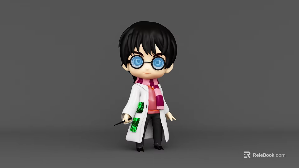 Chibi Game Movie Character Black Short Hair Blue Glasses White Coat Holding Green Item Wand 3d model 