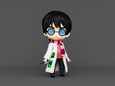 Chibi Game Movie Character Black Short Hair Blue Glasses White Coat Holding Green Item Wand 3d model
