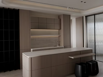 Modern Kitchen Interior Design With Island Counter And Wooden Cabinets 3d model