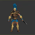 A Man Wearing Golden Armor With Blue Feathered Headpiece Holding Sword