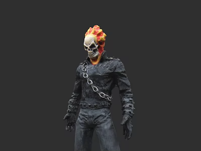Game and Movie Character With Flaming Skull Head Black Leather Outfit And Chain 3d model
