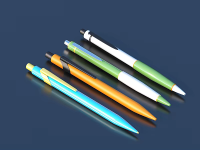 Vibrant Colored Ballpoint Pens in Blue Orange Green White on Dark Background 3d model