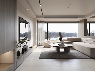 Modern Living Room Interior With Floor to Ceiling Windows Lake View Gray Cabinets Light Sofa 3d model