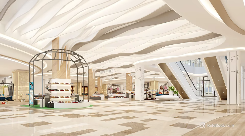 Modern Shopping Mall Stores Interior With Curved Ceiling Escalator And Marble Floor 3d model 