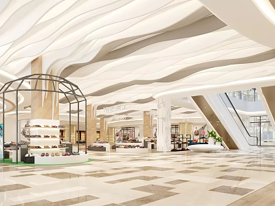 Modern Shopping Mall Stores Interior With Curved Ceiling Escalator And Marble Floor 3d model