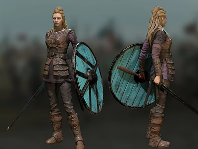 Female Warrior In Medieval Armor With Blue Shield And Sword Character Design 3d model