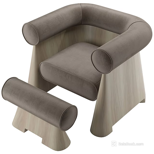 Minimalist Modern Gray Single Sofa With Soft Fabric Upholstery Wooden Frame And Matching Ottoman 3d model 